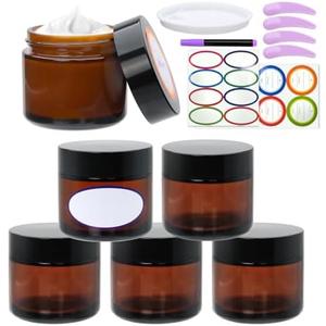 2oz Small Travel Containers with Black Lids, 6 Pack Amber Glass Jars with Mini Disposable Spatula for Toiletries，Travel Storage，Makeup Beauty Products, Lotions, Powders and Ointments