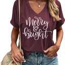 Casual V-Neck Graphic Tees for Women Summer Cute Short Sleeve Holiday Family Match T-Shirt Tops (Small, 717-xmas-dark Red)