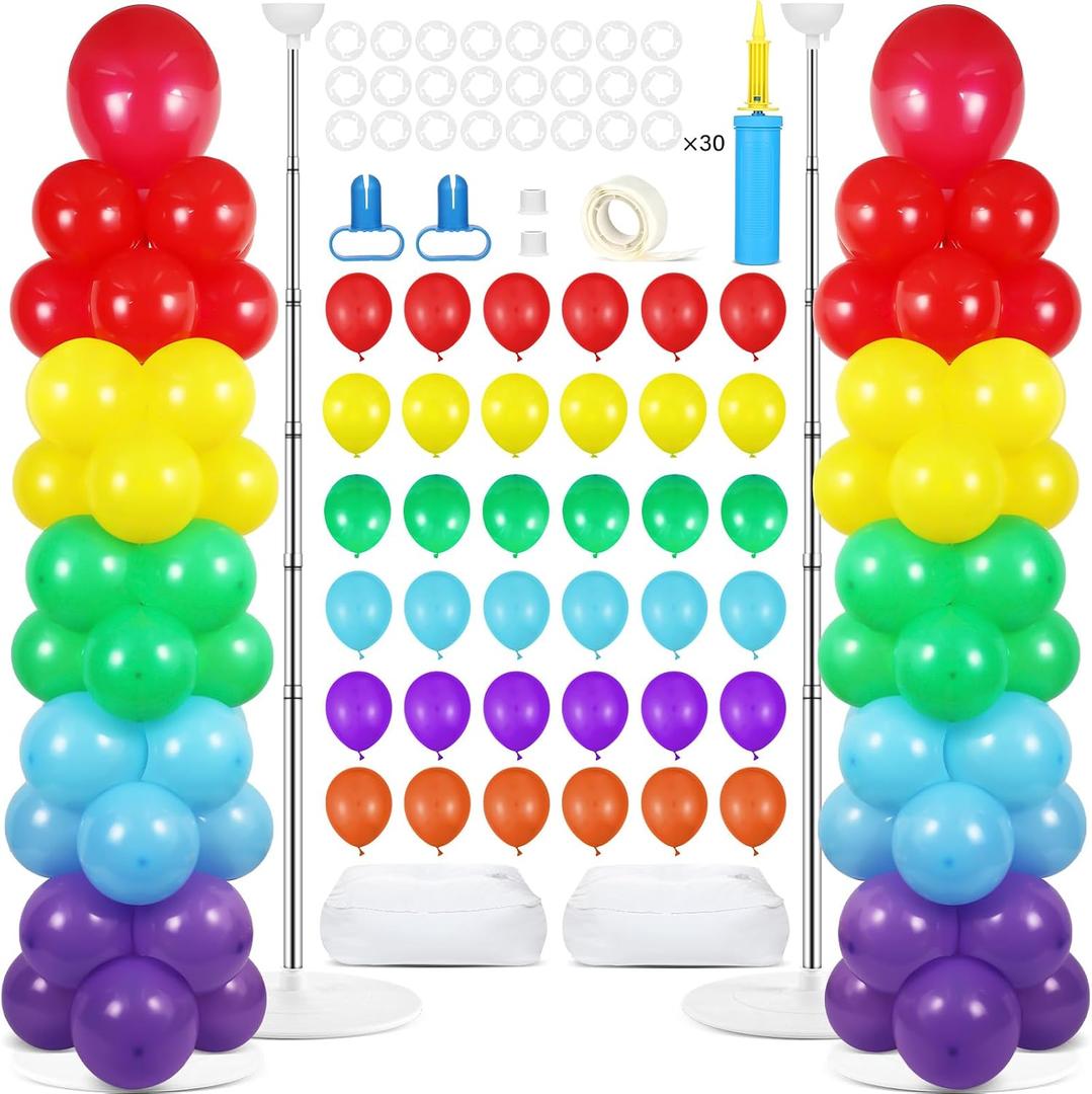 2 Sets Rainbow Balloon Column Stand Kit with 100 Graduation Adjustable Balloons Tower Stand with Bases for Floor Assorted Colors Column for Spring Mother's Day Birthday Wedding Party Decor