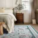 EverGrace Area Rugs for Living Room 8x10, Boho Floral Faux Wool Indoor Outdoor Rugs, Washable Rugs for Bedroom Dining Room Entryway Kitchen, Low Pile Floor Mat Carpet for Home Decor, Pale Blue