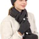 2 x Double Couple 3pcs Winter Women scarf and hat and Touch Screen Gloves Set for Women Knit Hat with Faux Fur Ball Scarves Glove (Dark Gray)