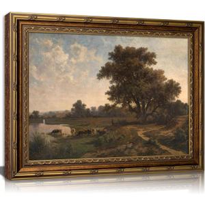 Vintage Gold Framed Landscape Wll ArtRetro Rustic Countryside Wall Decor Classic Rural River Scene Painting Picture Ldyllic Pastoral Scenic Nature Canvas Artwork for Living Room Bedroom Home Decor, 24"L x 16"W