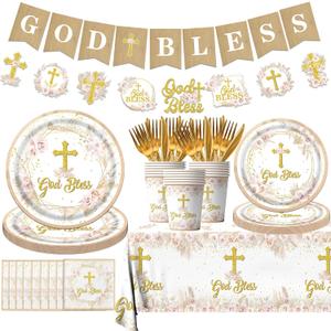 God Bless Baptism Decorations Tableware,142pcs First Communion Plates and Napkins,Tablecloth,Cups,Banner,Baptism Party Decorations for Girls Baby Shower