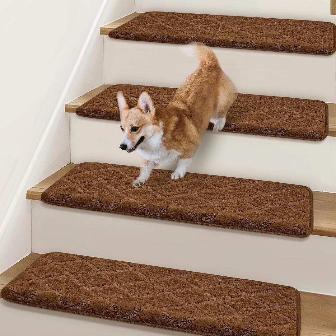 Bullnose Stair Treads Non Slip 9.5" x 32", 14 Pcs Carpet Stair Treads for Wooden Steps Indoor with Edge Protection, Reusable Peel and Stick TPU Backing Stair Runner Rugs - Diamond Pattern Brown