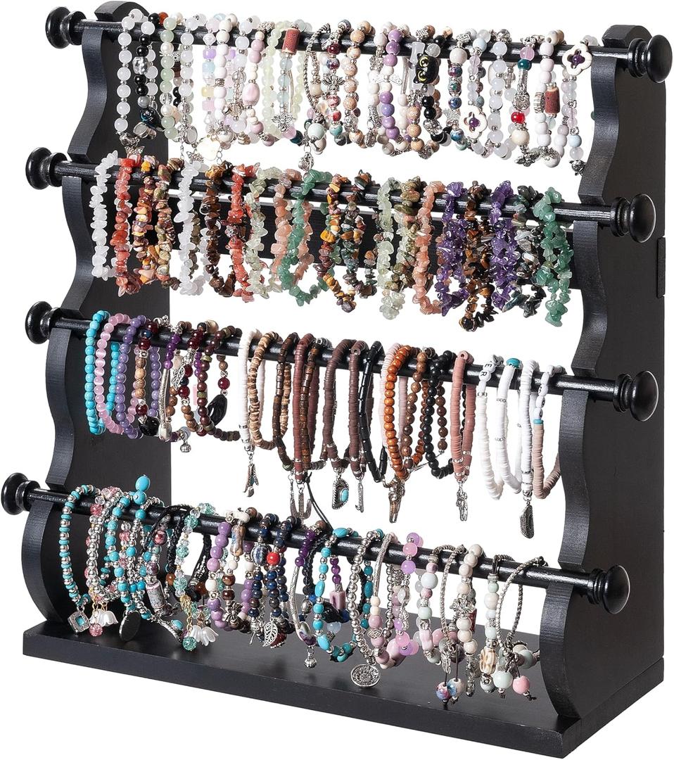 4 Tier Wooden Bracelet Holder, Bangle Watch Necklace Display Storage Antique Bracelet Display Stand Jewelry Holder Stand for Store, Showcase and Home Storage Black 4 Tier Wooden Bracelet Holder