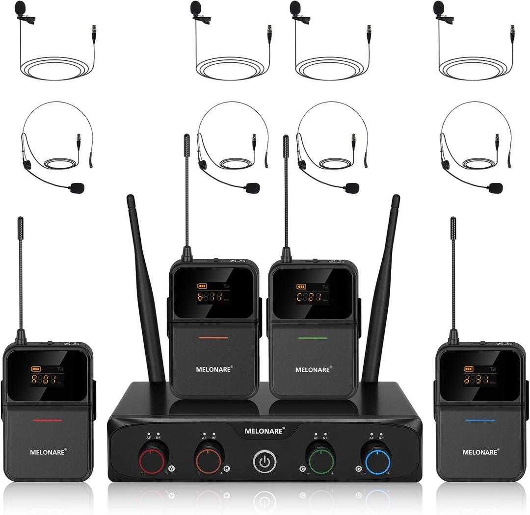 MELONARE 4-Channel Wireless Microphone System,UHF Compact Cordless Mic Set w/ 4x10 Frequencies, 200ft Range, 4 Bodypacks & Headset/Lapel Microphones for Singing, Church, Conference (MWM-41-4B)