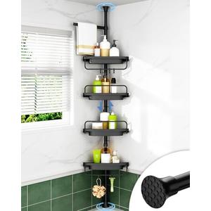ALLZONE Corner Shower Caddy Tension Pole, Extendable Rustproof Stainless Steel Pole & 4-Tier Adjustable Shelves for Easy Drainage and Built-to-Last Stability, 34 to 116 Inch, Black