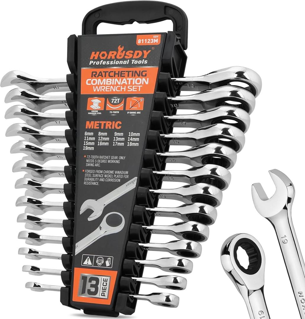 HORUSDY 13-Piece Sturdy Ratcheting Wrench Set | Metric Sizes 619mm | Max Torque Ratchet Combination Wrenches Set with Storage Rack | 72-Tooth | Chrome Vanadium Steel
