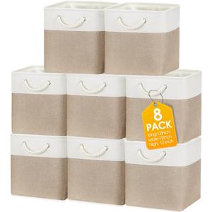 meekoo 8 Pack Collapsible Storage Bins Fabric Storage Bins Polyester Fabric Baskets with Handles Linen Closet Organizer for Shelf Home Closet Towels Toys(12 x 12 x 12 in,Beige)