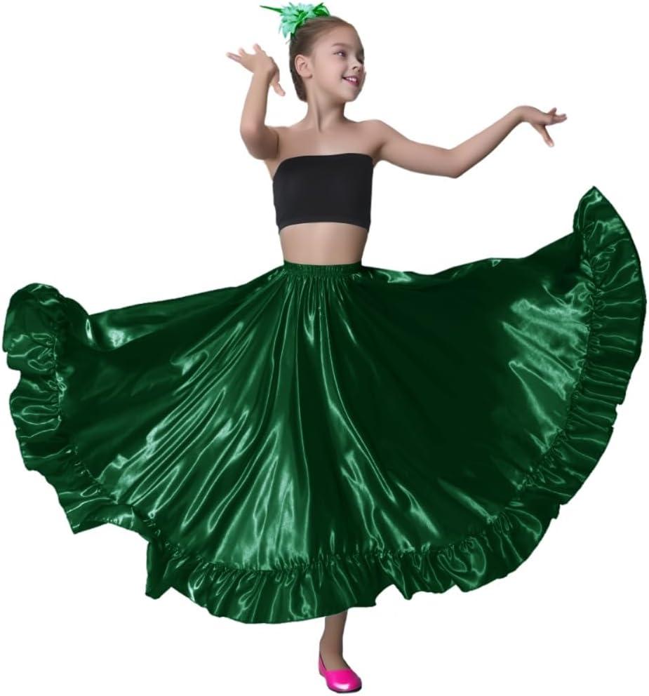 Long Mexican Folklorico Dance Practice Performance Skirt for Girls (Height 4'6" to 5'1"), Ankle-Length Ruffle Style (US, Alpha, One Size, Regular, Christmas Green)