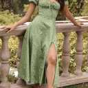 Linsery Women's Puff Sleeve Floral Maxi Dress Elegant Square Neck Cottagecore Boho Split Long Dresses (Large, Green)