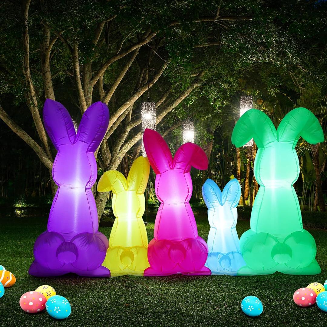 RoundFunny 6 ft Long Easter Bunny Inflatable Outdoor Decorations, Easter Bunny Blow Up with Built in LED Lights Decor for Holiday Party Indoor Outdoor Yard Lawn Garden DIY Photo Prop
