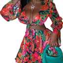 Women's Sexy Summer Tropical Mini Dress Y2K Deep V Cut Out Dresses Long Bell Sleeve Vacation Tie Front Sundress (Large, Multicolor)