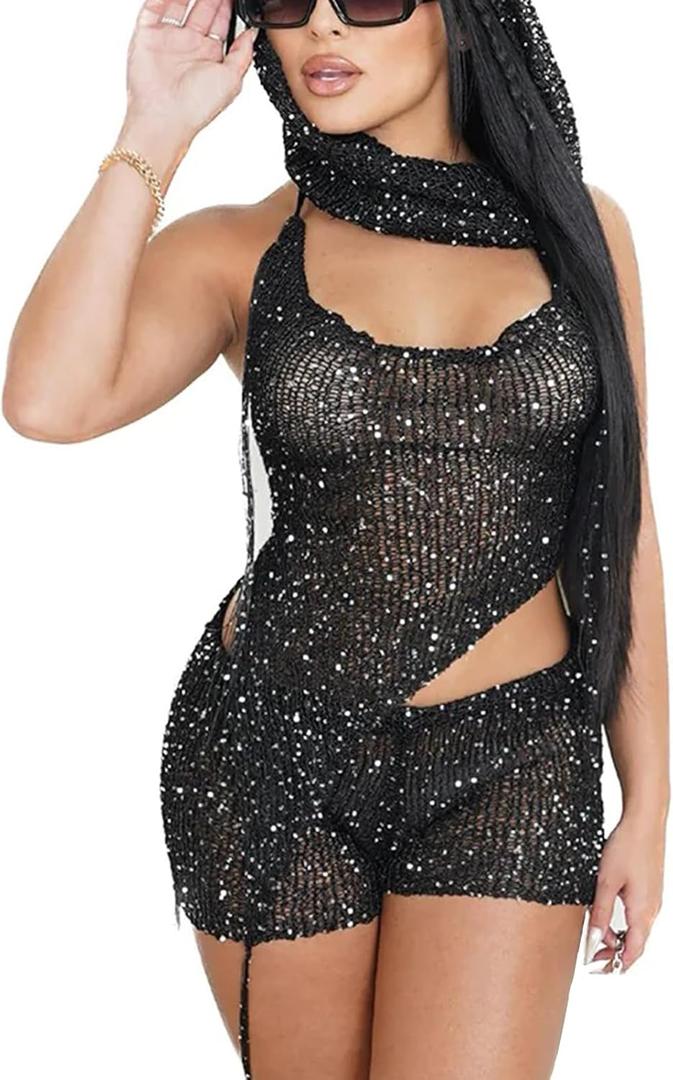 KANSOON Sexy Two Piece Outfits for Women Sequin Knit Backless Irregular Halter Tank Top Crochet Shorts Set with Rave Hood (Black, M)