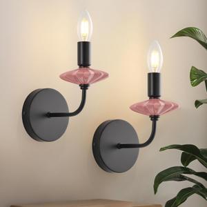 Wall sconces Set of Two with Pink Ceramic Flower Decoration,Black Wall Lights, Hardwired Vintage Vanity Light for Bathroom, Living Room, Bedroom, and hallways.
