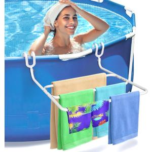 Pool Towel Rack Poolside Towel Rack Outdoor, Above-Ground Swimming Pool Accessories, No Drill Hanging 3 Bar Metal Towel Holder Drying Rack Fits Most Frame Pools with 2" - 3'' Top Rail (White)