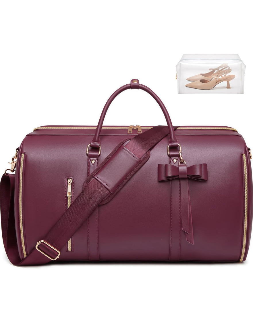 STHMEOOHT Garment Bags for Travel, Convertible Suit Travel Bag for Women, Cute Carry On Garment Bag w/Shoes Pouch, 2 in 1 Foldable PU Leather Hanging Duffle Bag, Single-Zipper Design, Sangria