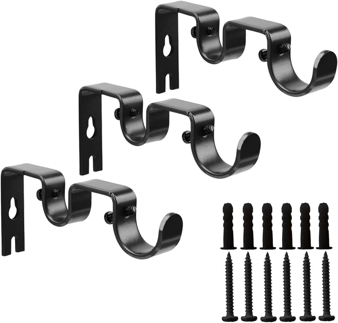 Double Curtain Rod Bracket,3 Pack Metal Curtain Rod Holders for Wall,Sturdy Curtain Rod Brackets for 1 Inch Curtain Rod,Black Wall Mounted Curtain Rod Hooks for Bedroom Living Room Patio