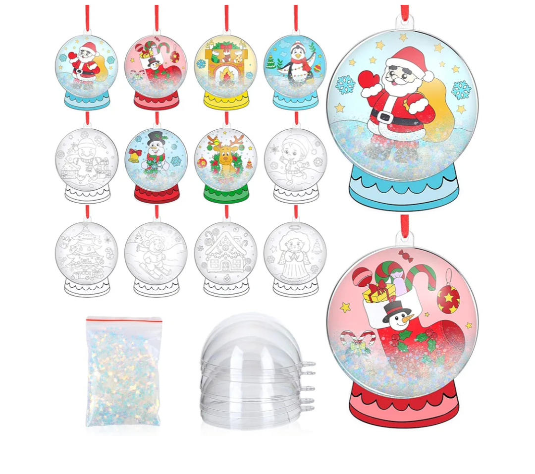 24 Pack Coloring Christmas Snow Globe Craft Kit Snow Globe Paper Cutouts Ornament DIY Color Your Own Snowman Gingerbread Penguin with Glitter Sequins Paper Home Xmas Tree Party Favor