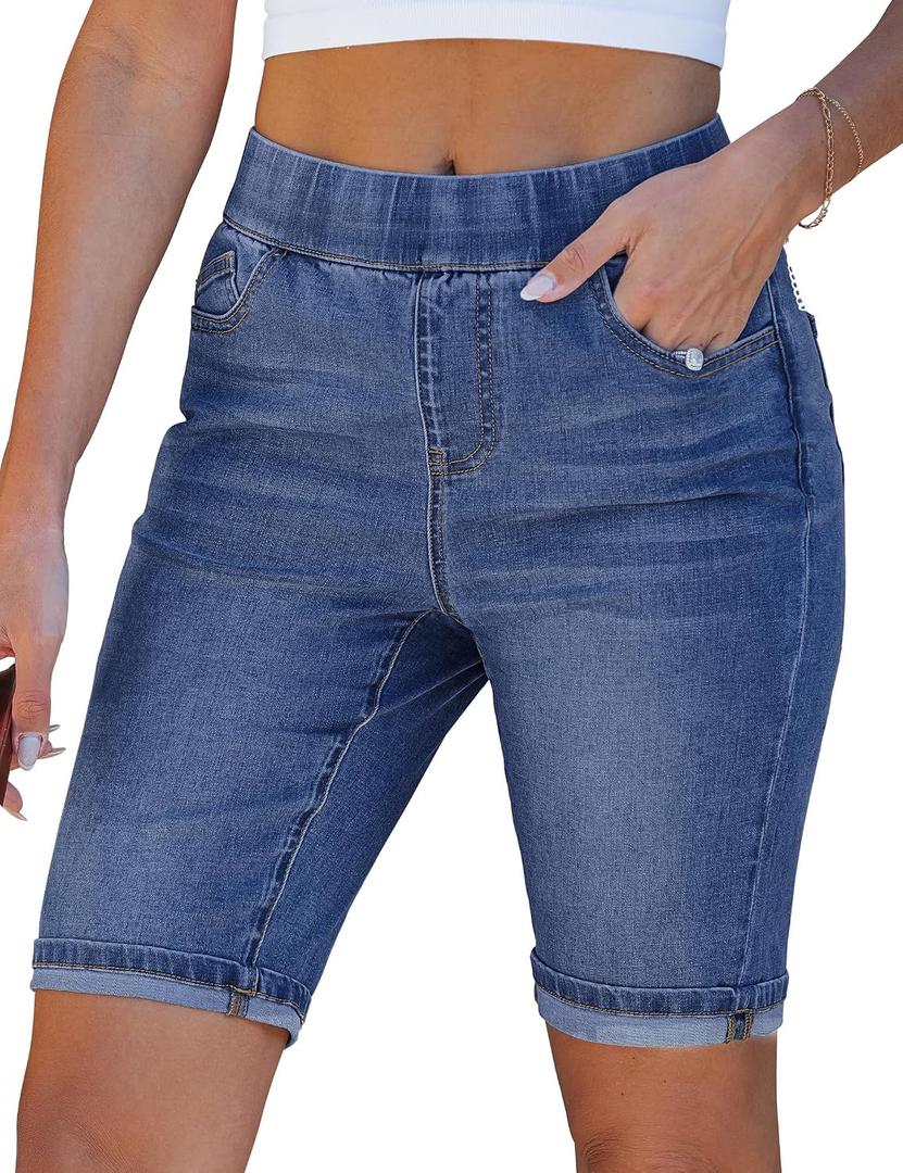 luvamia Bermuda Shorts for Women Jean Pull On Elastic Waist High Waisted Knee Length Fold Hem Stretchy Denim Womens Long Shorts Classic Blue Size Medium Fits Medium, Classic Blue