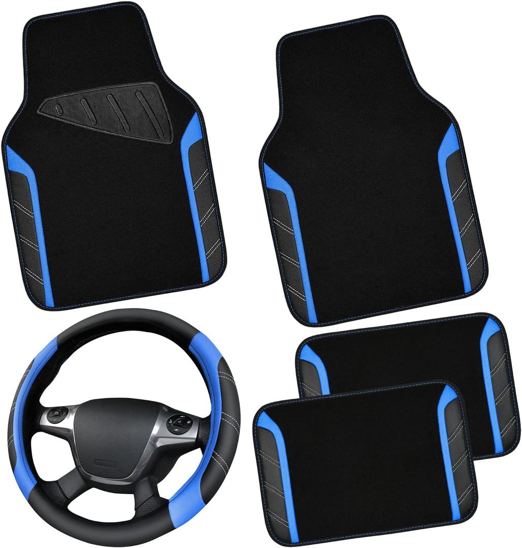 CAR PASS Leather Steering Wheel Cover and Waterproof Car Floor Mats,Microfiber Universal Car Combo Fit for 95% Sedan,SUV,Cars,14.5-15inch Sporty Anti-Slip Safety Comfortable Design(BlackBlue)