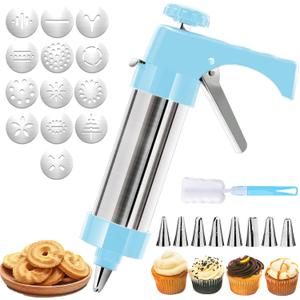 JAYVAR Cookie Press, Stainless Steel Cookie Decorating Kit, Dessert Decorating Syringe with 8 Piping Tips 13 Cookie Discs for Biscuit Maker, Frosting Piping Kit for Cupcake Decoration