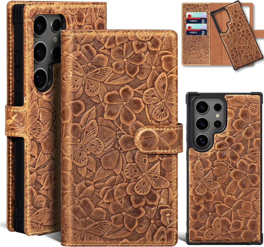 Genuine Leather Magnetic Detachable Wallet Case for Samsung Galaxy S23 Ultra - 2-in-1 Flip Folio Cover with Card Slots & RFID Blocking | Shockproof Protection (Brown)