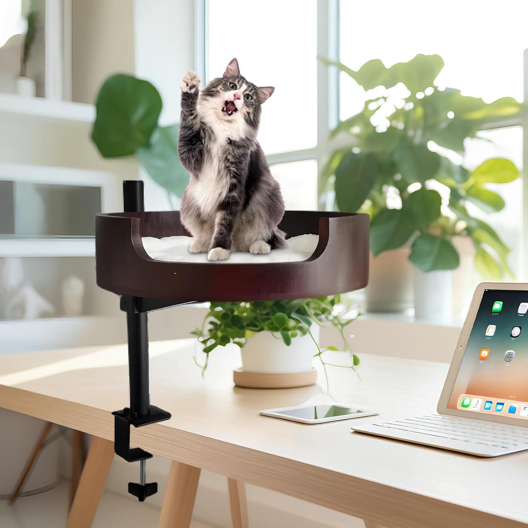 Cat Desk Bed- Adjustable Wooden Cat Bed for Home Office and Study Rooms, Desktop Kitten Furniture Attachment with Pet Mat, Ball, Mouse (Large)