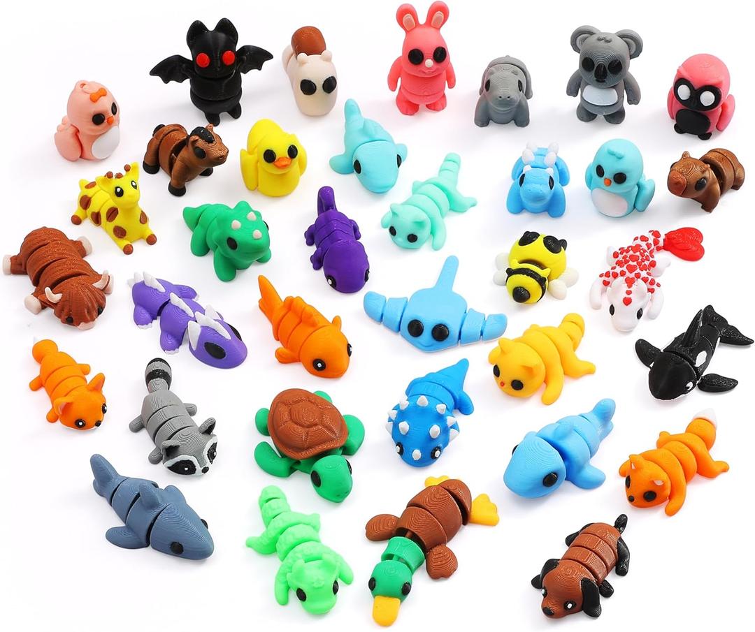 MONJITA 35 pcs Mini 3D Printed Animal Figurines, Flexible Articulated Fidget Wigglitz Toys, Cute Desk Decor, Party Favors, Goodie Bag Stuffers, Gifts for Kids Students Carnival Prizes Rewards (35pcs)