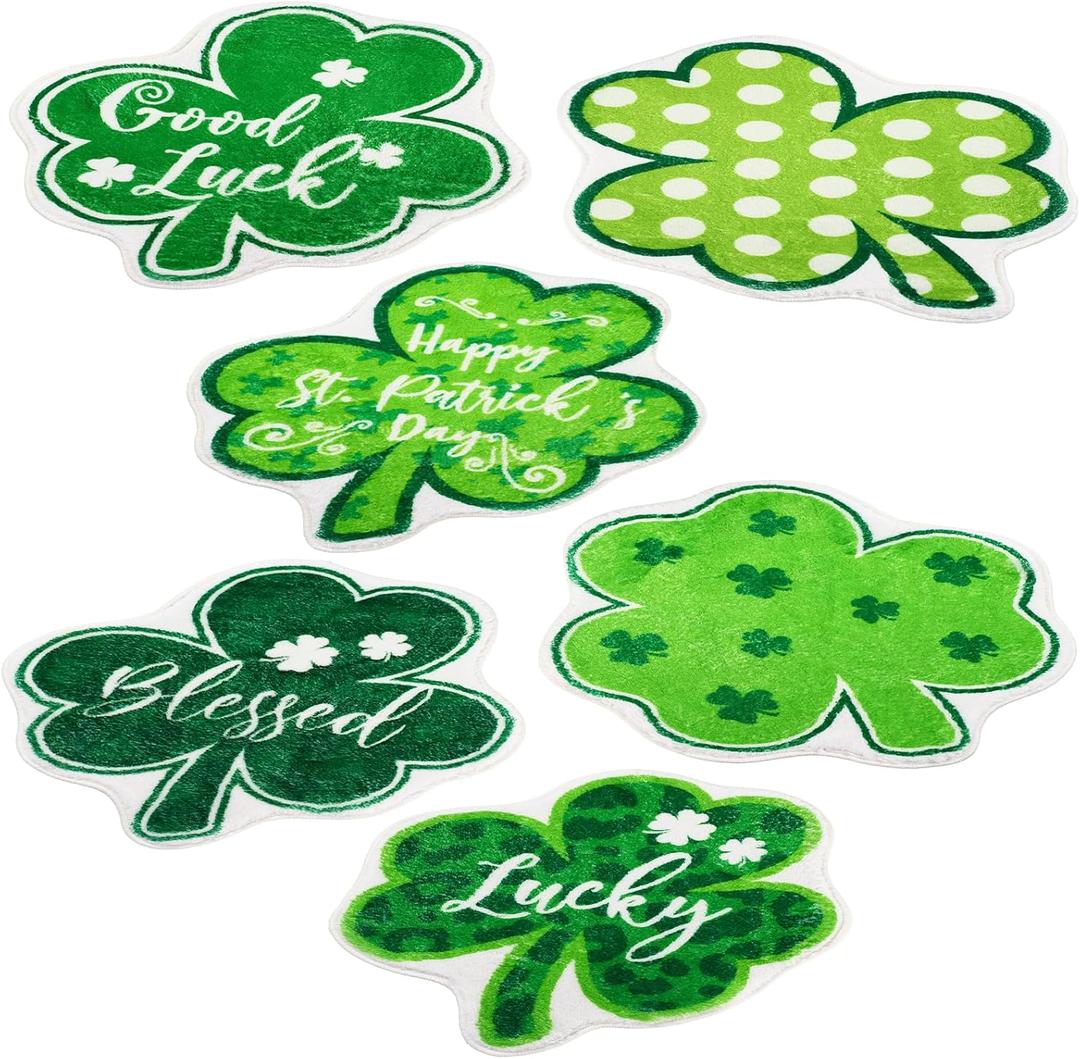 Haull 6 Pcs St. Patrick's Day Bathroom Rug Shamrock Bath Rug Lucky Green Clover Saint Patty's Day Bathroom Mat Shamrocks Doormat Irish Washable Nonslip Absorbent Shower Mat for Bedroom 15.8" x 15.8"