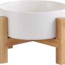 Elevated Ceramic Cat Bowl - Cat Food Bowl with Bamboo Stand - Raised Dog Dish for Puppies - Anti Vomiting, Stress Free - 13.5 oz / 400 ml - White (Small)