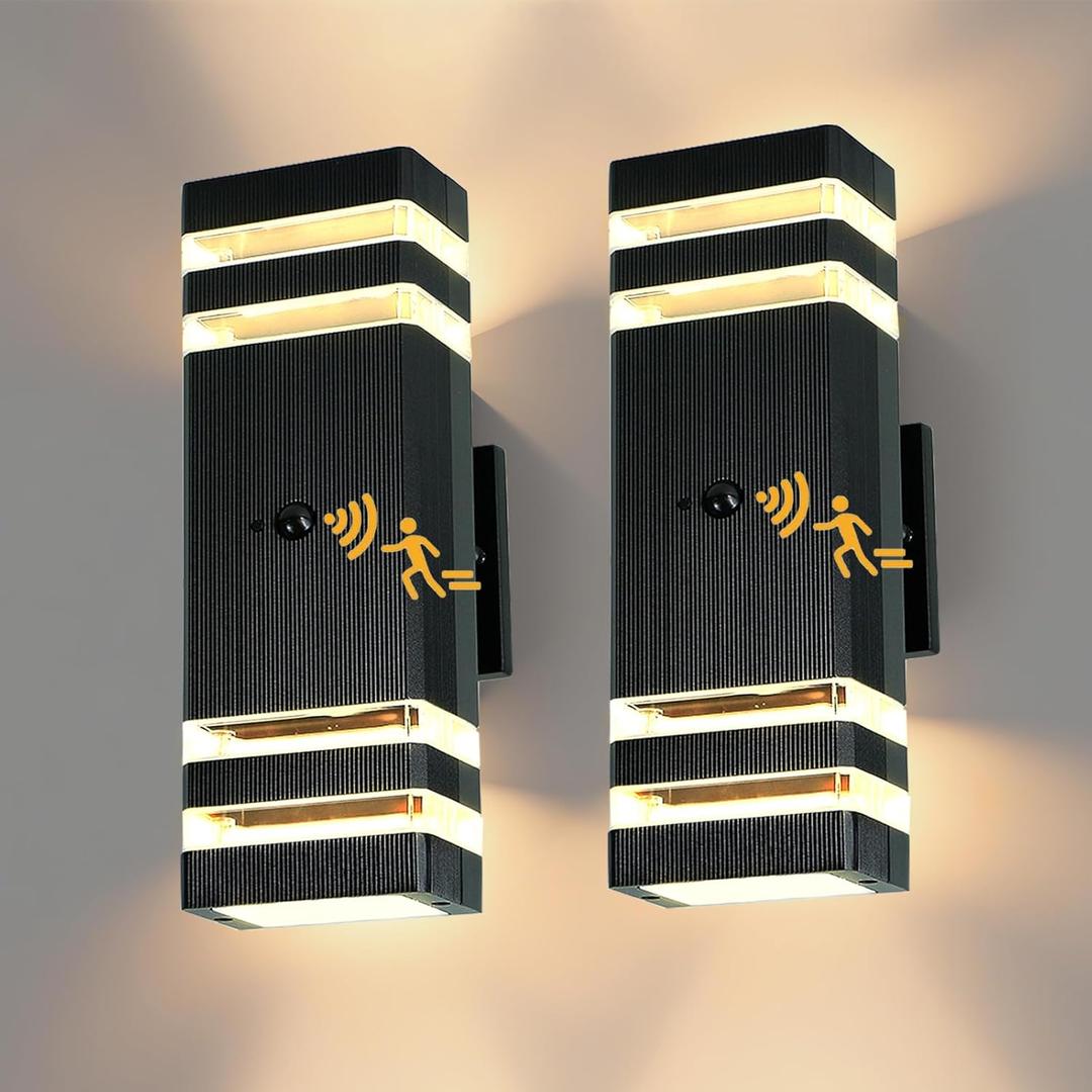 Dusk to Dawn Motion Sensor Porch Light with 3 Lighting Modes, Waterproof Up Down Wall Sconce with Adjustable Bulbs, Aluminum Exterior Light Fixtures for Entryway, Patio, Garage,ETL Listed (Warm Light 2 Pack)