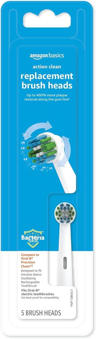 Amazon Basics Electric Toothbrush Replacement Heads, Action Clean, Compatible with Most Oral-B Brushes, White, 5 Count (Previously Solimo)
