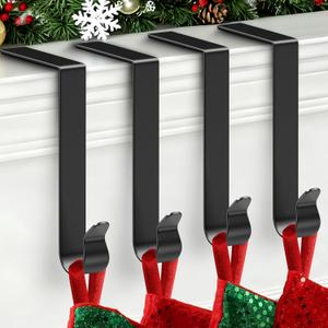 Christmas Stocking Holders for Mantle, Stocking Holders for Mantle Set 4, Fireplace Stocking Hangers for Tickness Mantel, Metal Hooks Garland Hanger for Christmas Party Home Decoration-Black