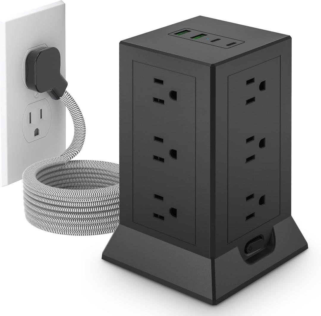 Power Strip Tower with Multiple Outlets, 10 Ft Extension Cord Flat Plug with 12 AC Outlets 4 USB Ports (2 USB C), Power Tower Surge Protector with Individual Switches for Home Office Dorm Room, Black