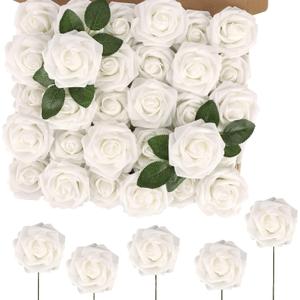 MACTING 60PCS Artificial Rose Flowers Real Touch Fake Flowers with Stem White Foam Roses for Wedding Bouquet Floral Arrangements Table Centerpieces Bridal Shower Spring Home Mothers Day Decorations