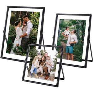 Glass Picture Frame Set of 3, Black Simple Metal Geometric Photo Frame with Glass Cover Includes 5x7, 4x6, 4x4 - Tabletop Floating Picture Frames for Home Decoration, Gift for Father's Day