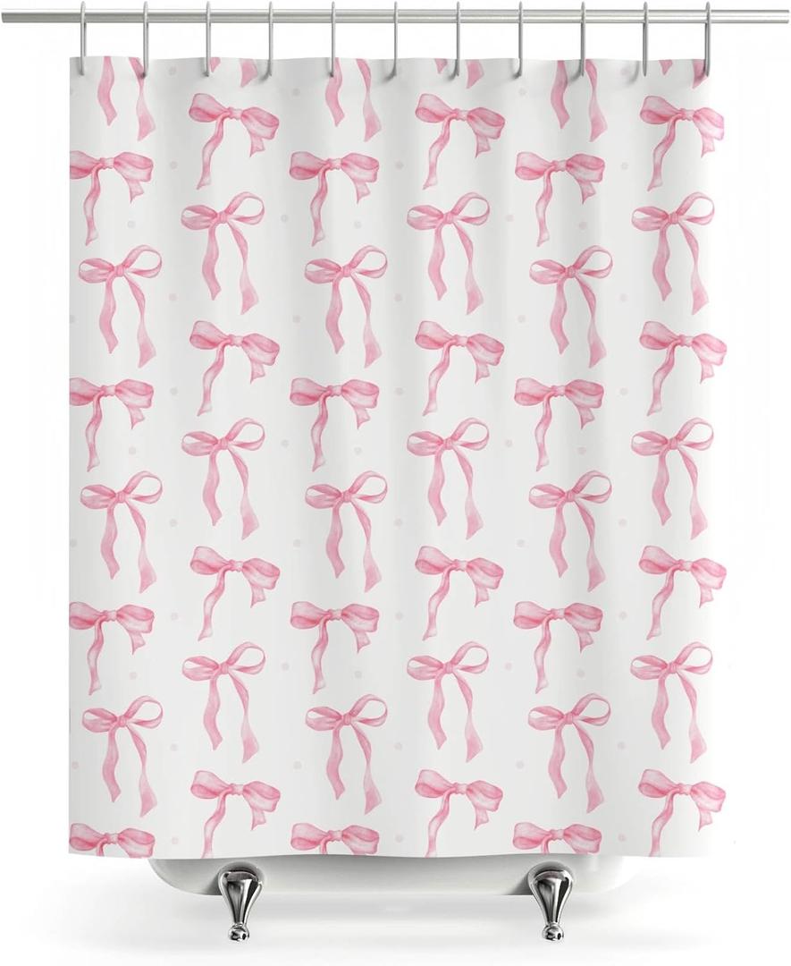 WELTRXE Cute Pink Bow Shower Curtain – Modern Minimalist Style Bathroom Shower Curtain for Bathtub Decor, Waterproof Polyester Fabric with Hooks, 72 x 72 Inches‌