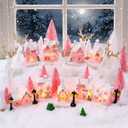 Kasyat 19 Pcs Christmas Village Set LED Lighted Christmas Village Houses Accessories with Xmas Tree Streetlight Figurines Crafts Town Scene Deer (Pink)