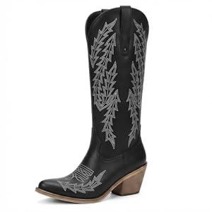UJPFEO Cowboy Boots for Women Western Knee High Boots Pointed Toe Chunky Heel Embroidered Cowgirl Boots, 7.5