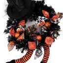 wlflash Happy Halloween Wreath for Front Door Decoration with Skeleton Artificial Bone Orange Ornaments Maple Leaf for Party Decor (Halloween Orange)