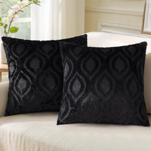 decorUhome Throw Pillow Covers 18x18 Inch Set of 2, Soft Plush Faux Wool Black Solid Couch Pillow Covers, Accent Farmhouse Neutral Square Pillow Cases for Sofa Bed Living Room