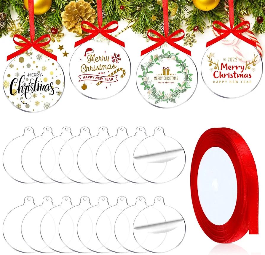 Blulu 42 Pcs Acrylic Ornament Blanks Clear Round Ornaments Flat Christmas Bauble Hanging Ornament with Hole Ribbon Acrylic Circle Discs for DIY Crafts Xmas Tree Decoration(5 Inches)