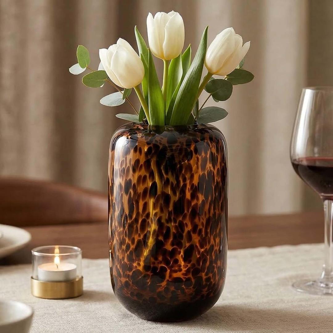 8.2in Amber Vase,Brown Glass,Round Art,Modern Clear Glass Vase,Decorative Bottles for Home Decor,Farmhouse Centerpiece,Wide for Living Room, Kitchen,Office, Dining (S)