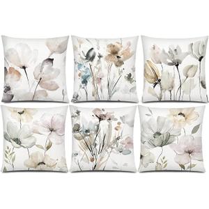 COMMINY Brown Grey Floral Pillow Cover 18x18 Set of 6 Watercolor Throw Pillow Covers Square Cushion Covers for Couch Sofa Living Room Home Decor