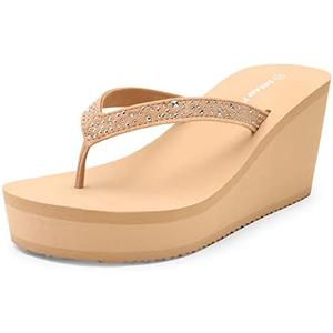 DREAM PAIRS Women's Platform Flip Flop Rhinestones Arch Support Comfortable Soft Cushion Wedge Flip Flops Summer Thong Sandals 8