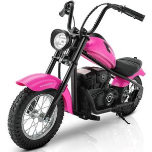 ELEMARA Electric Dirt Bike, 24V Ride on Toy for Big Kids,15 mph & 150lb Max, Kids Motorcycle w/Raised Handlebars, Power Display, Twist-Grip Throttle,Shock Springs, Key Start,Handbrake, 12" Tires-Pink