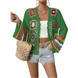 SHENHE Women's Floral Crochet Cardigan Hollow Out Open Front Long Sleeve Cardigan Sweater (Large, Green)