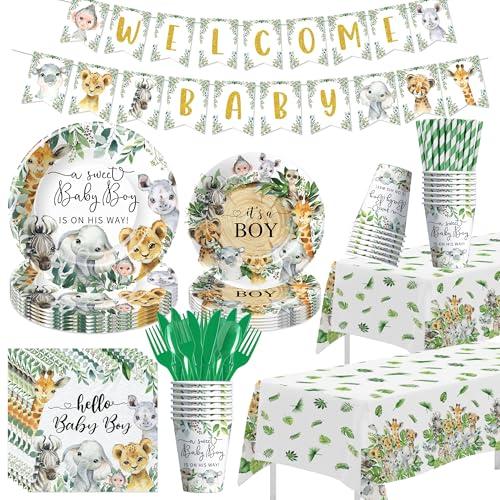 Owelleny Jungle Safari Baby Shower Decorations, 195Pcs Jungle Theme Baby Boy Table Decorations, Plate, Napkin, Cup, Tablecloth, Banner, Cutlery, Wild Animal Baby Shower Party Supplies, Serves 24