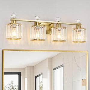 Modern Crystal Bathroom Vanity Light, 4-Lights Bathroom Light Fixtures, Brass Gold Vanity Lighting Fixtures Over Mirror, Brushed Wall Sconce Light for Bedroom, Kitchen, Living Room, Gallery, E26 Base, 4 light-Round